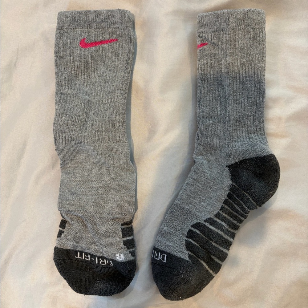 Nike Gray Crew Athletic Socks with Pink Swoosh